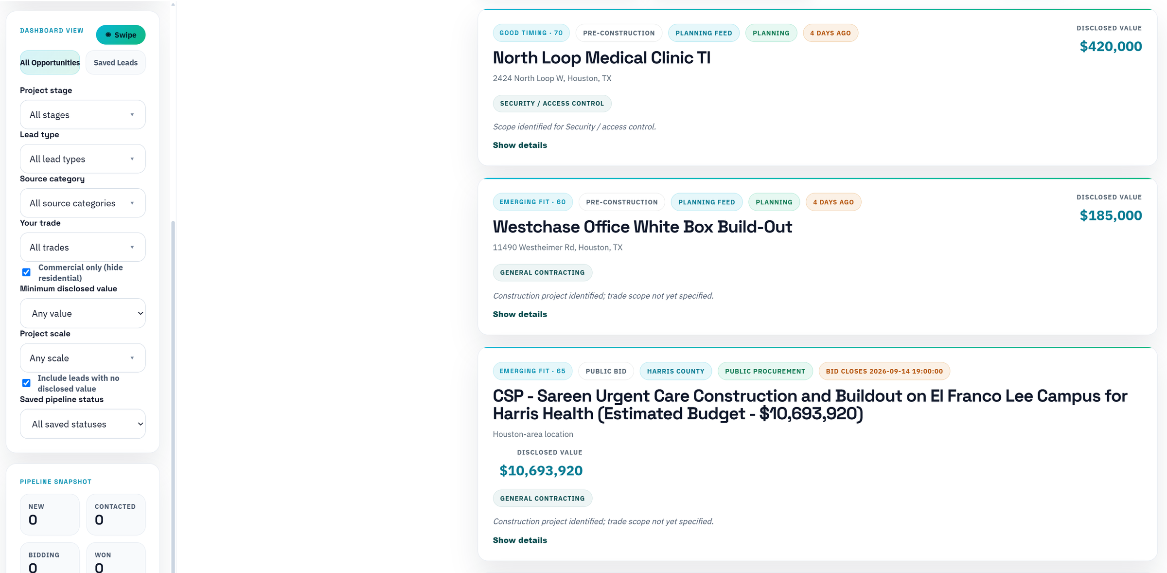 The King Lead Lab dashboard showing filtered Houston-area commercial opportunities with trade tags, project scale, and freshness.